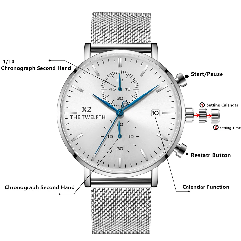 Top Brand Luxury X2 THE TWELFTH Design Chronograph Leather Men's Watches Quartz Fashion Sport Waterproof Wristwatch Men relogio