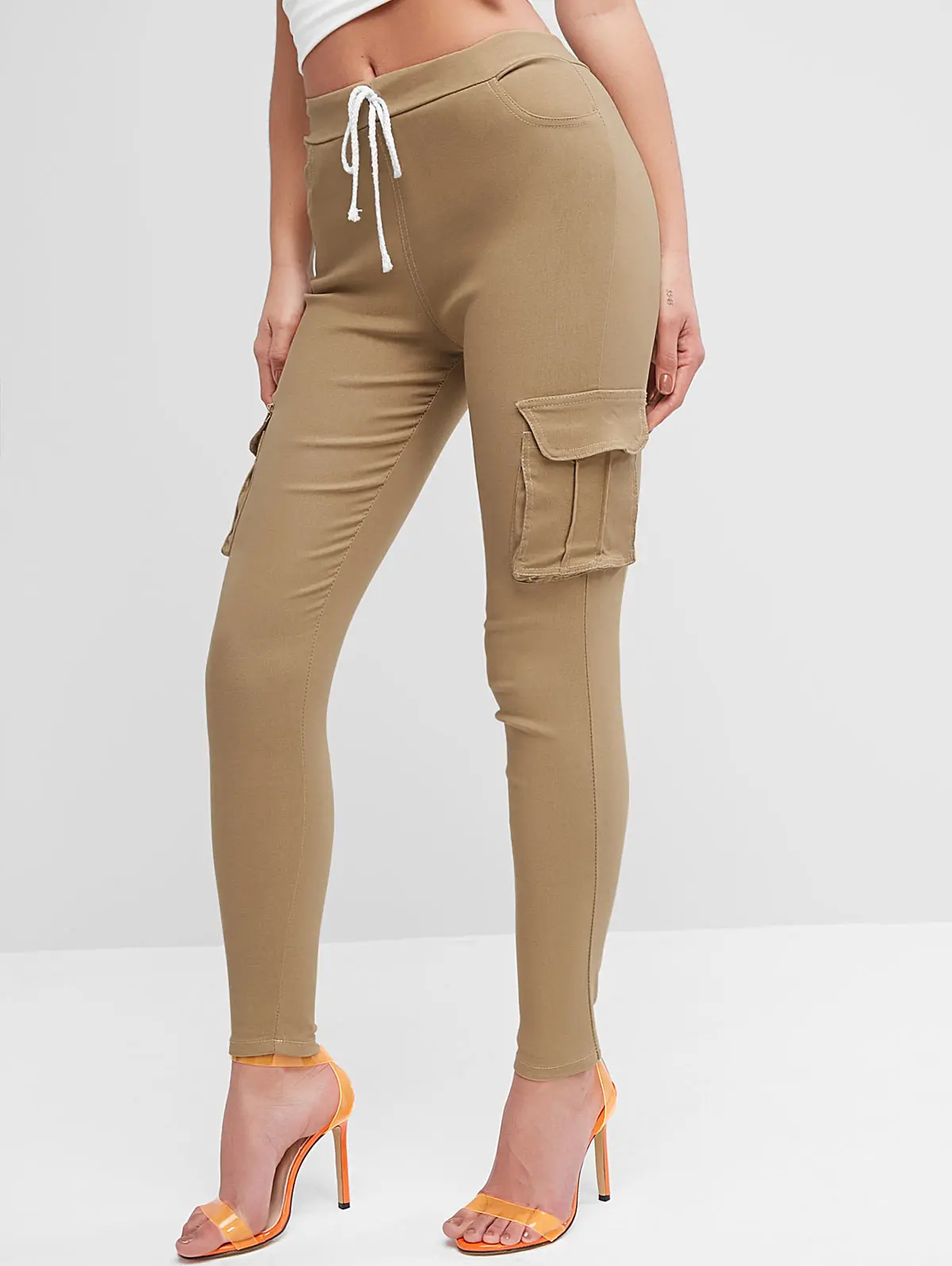 Camel Brown ZAFUL Лоскутные карманы на шнурке узкие брюки с высокой эластичной талией осенние уличные Капри для женщин однотонные узкие брюки на шнурке - Цвет: Camel Brown
