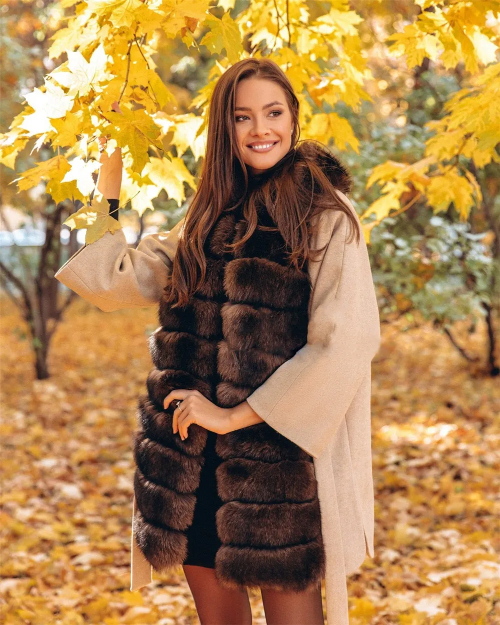 Новинка, тонкое шерстяное пальто, женское длинное пальто с натуральным мехом, длинный рукав, открытая спереди, верхняя одежда, повседневное, Осень-зима, элегантное пальто