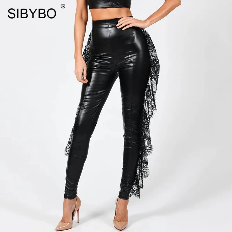 SIBYBO кружевные лоскутные брюки из искусственной кожи с высокой талией женские