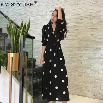 

Women Clothings Sexy V-neck One-piece Dress French Retro Polka Dot Black Midi Half Sleeve Long Dress Factory Outlet