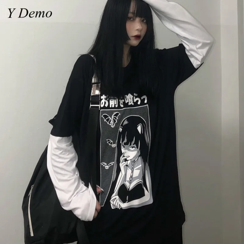 

New Harajuku Creepy Girl Long Sleeve Patchwork Sweatshirt Long Loose Japanese Doodle Fleece