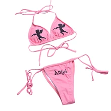 Ensemble Bikini 2 pièces pour femmes, soutien gorge Push Angel col licou dos à nouer, culotte Triangle à bretelles latérales, maillot de bain de plage Sexy pour dames
