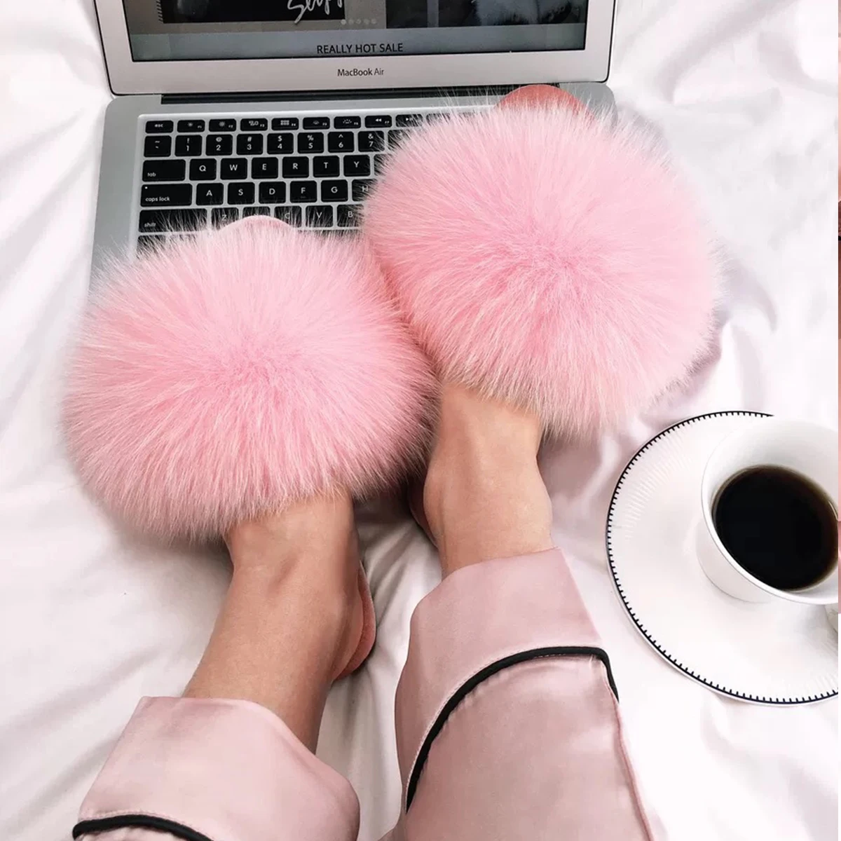 Women's Slippers Summer Sandals Real Fox Fur Slides Fluffy Flip