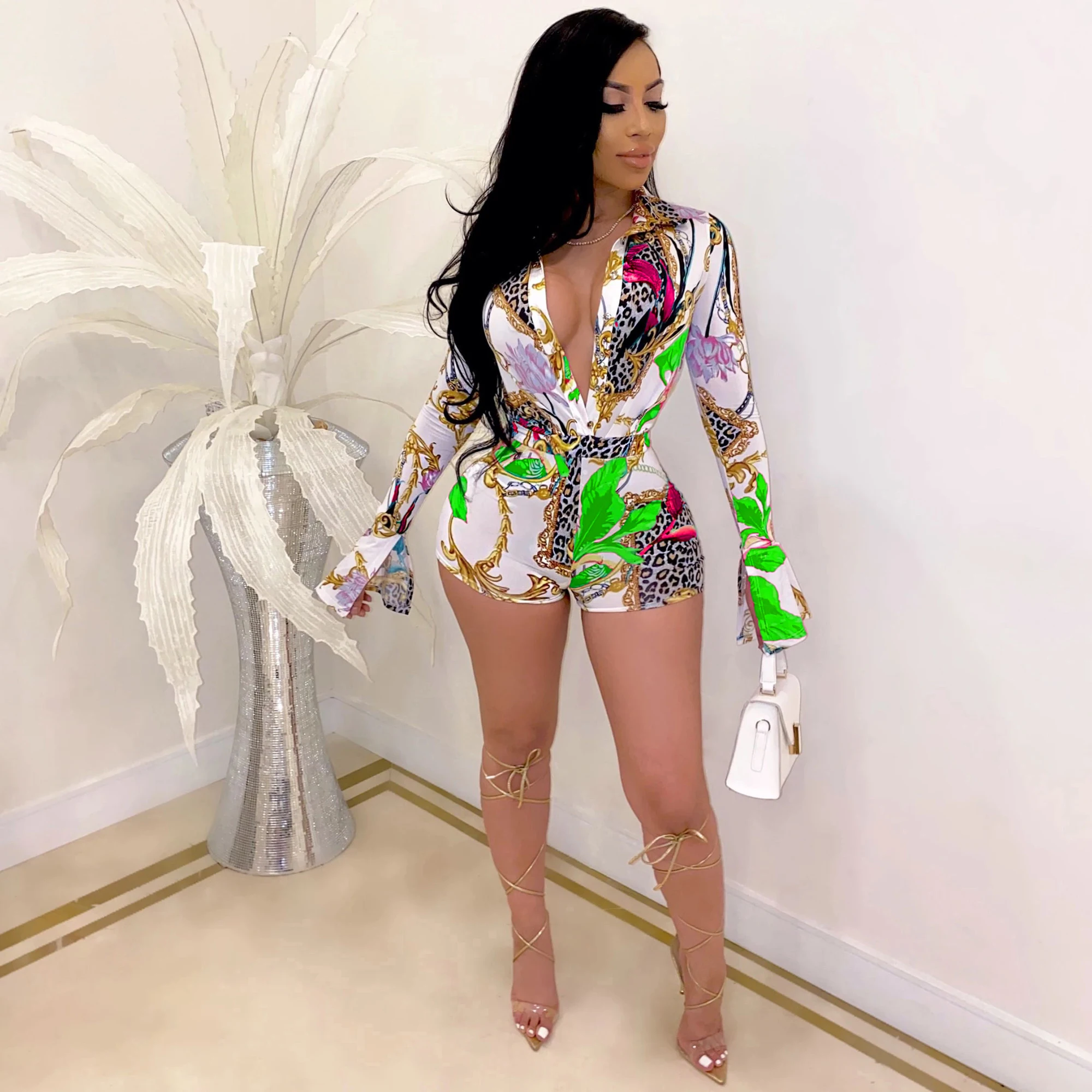ChocoMist Jumpsuit Casual Leopard Design Print Long Sleeve Long - sleeved One-piece Shorts CM725