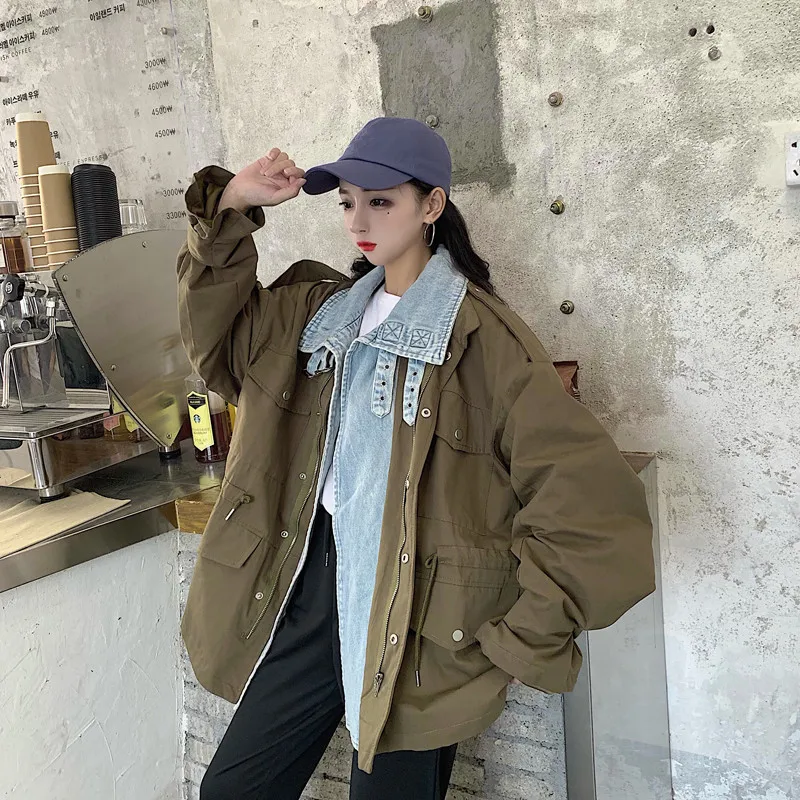 WHITNEY WANG Осенняя модная уличная джинсовая Лоскутная негабаритная куртка Женская стильная ветровка Свободная верхняя одежда