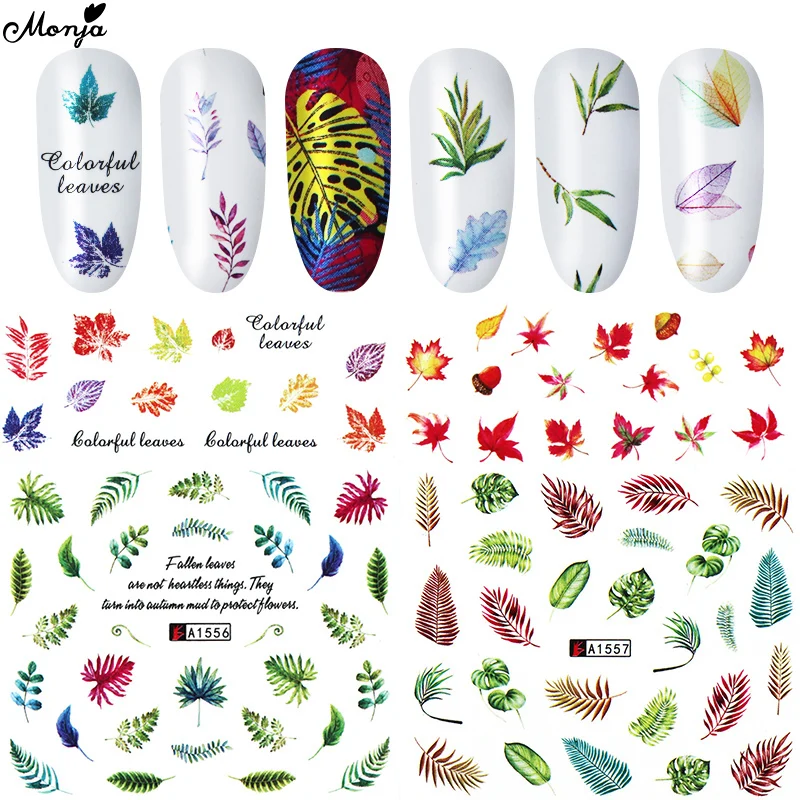 

Monja 12Pcs/Set Nail Art Water Transfer Sticker Green Leaf Maple Leaf Pattern Watermark Nail Tips Manicure Decors Accessories
