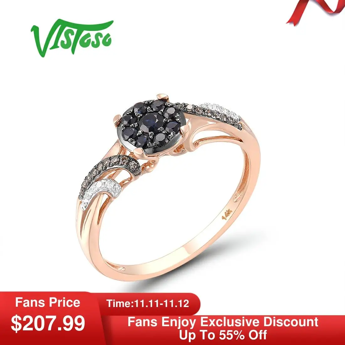 VISTOSO Genuine 14K 585 Rose Gold Ring For Women Sparkling Blue Sapphire Diamond Brown Round Classic Fine Jewelry | Украшения и