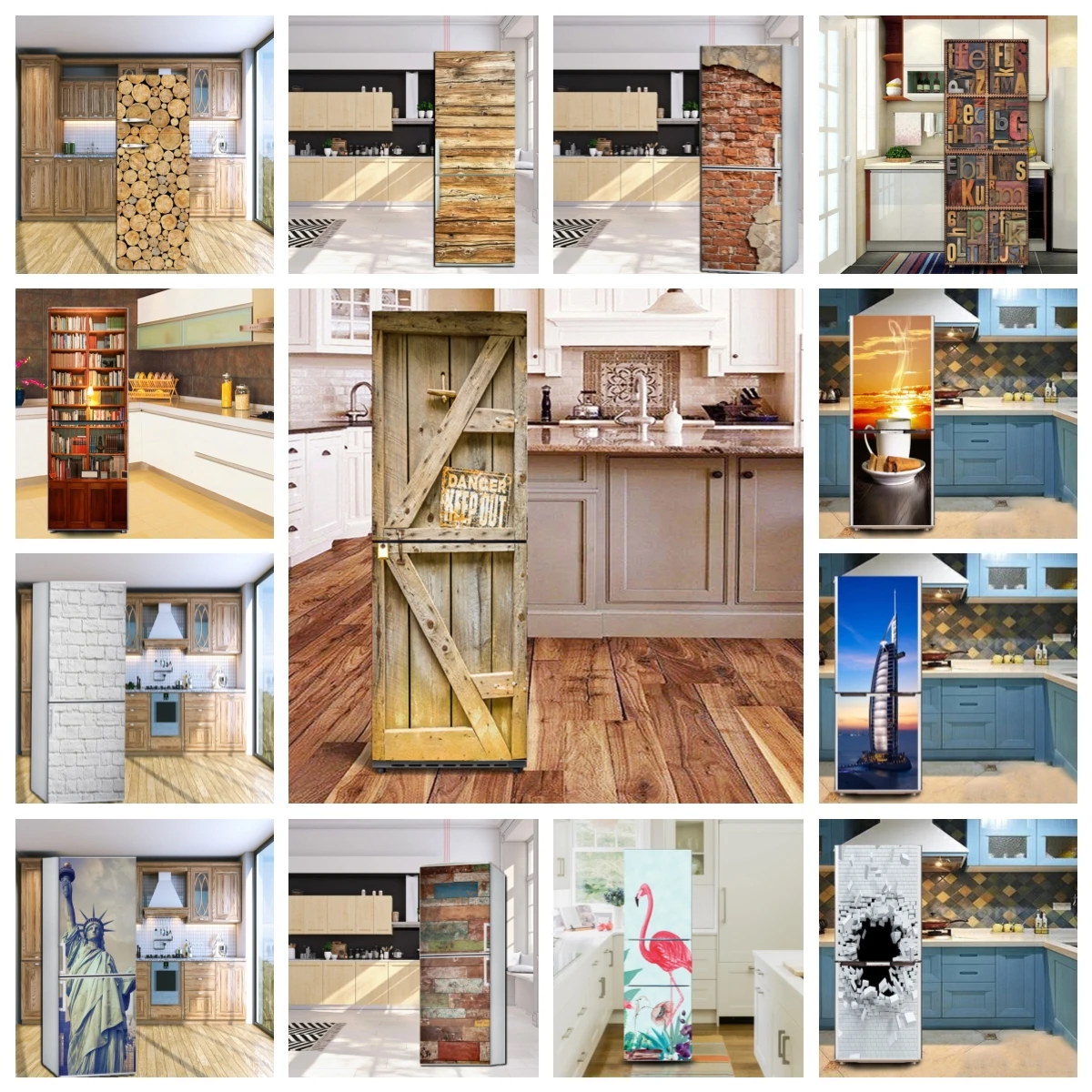 Vinyl-Wood-Fridge-Stickers-Wallpaper-Brick-Bookcase-Refrigerator-Door