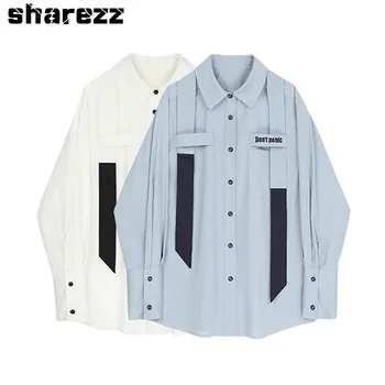

Sharezz Spring 2020 Women Split Temperament Blouse New Lapel Long Sleeve Loose Fit Bandage White blue Shirt Fashion Tide Tops
