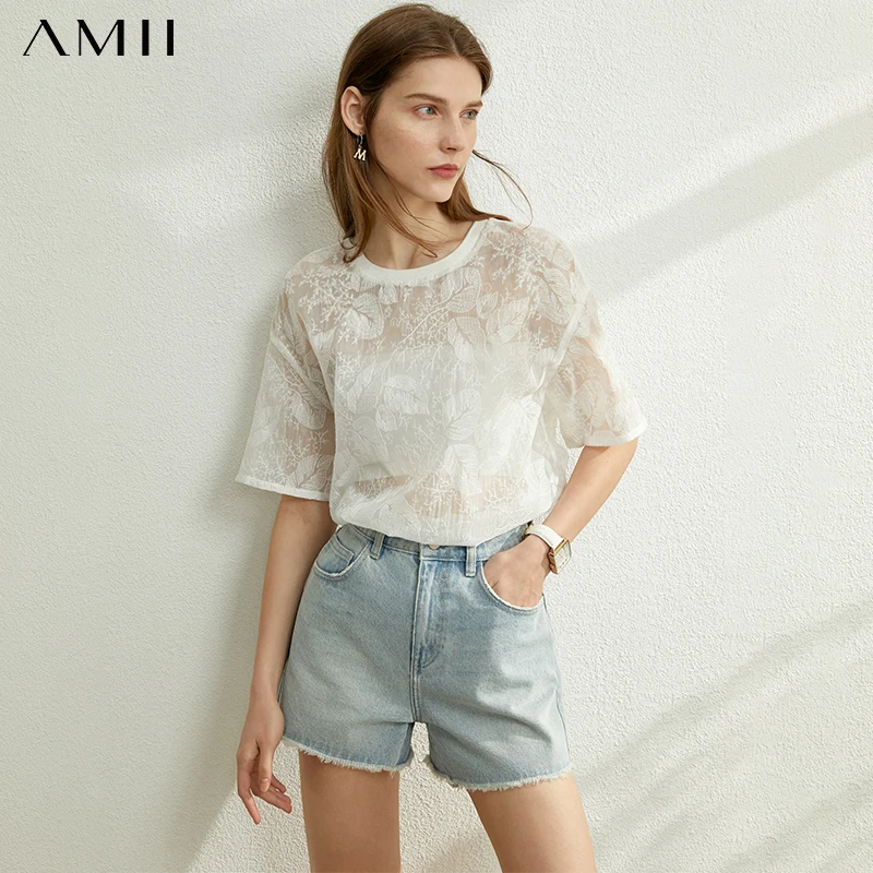 AMII минимализм весна лето кружевная тонкая женская блузка Повседневная модная