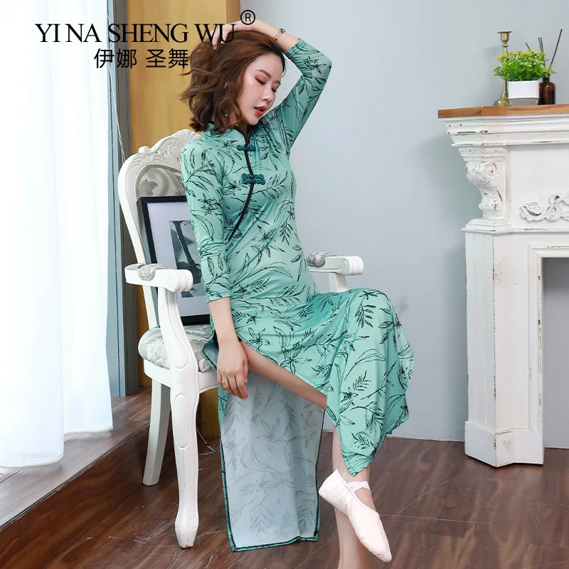 

Cheongsam Chinese Style Folk Dance Costume Sexy High Slit Long Sleeve Slim Green Printed Small Stand-up Collar Cheongsam Skirt