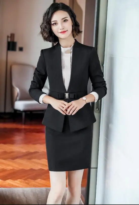 Формальные брючные костюмы для женщин, офисная, деловая, Рабочая форма, элегантный комплект из 2 предметов, брюки, куртка, женский костюм, Осень-зима - Color: black skirt suits