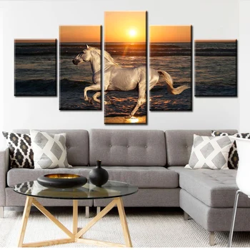 

5 Panels Running Steed Sea Sunset Canvas Paintings HD Prints Clouds Animal Horses Poster Wall Art for Living Room Decor Pictures