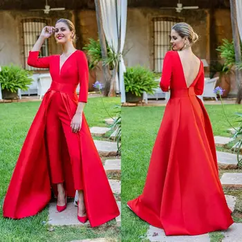 

2019 Red Jumpsuits Prom Dresses With Detachable Skirt V Neck Backless Formal Gowns Party Pants for Women Custom Made