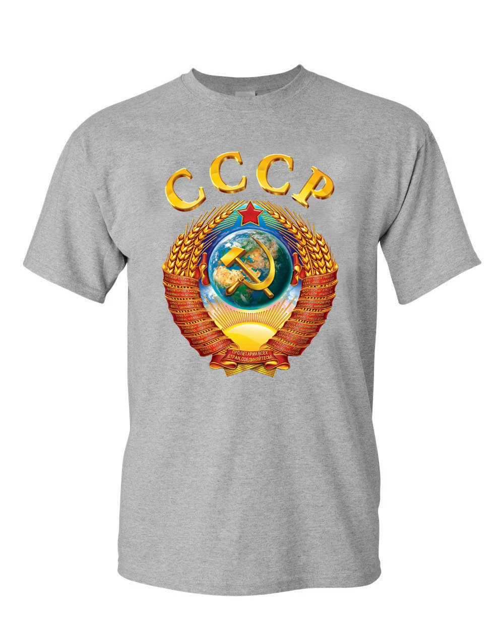 Русская хлопковая Качественная мужская футболка с большой эмблемой СССР - Цвет: Серый