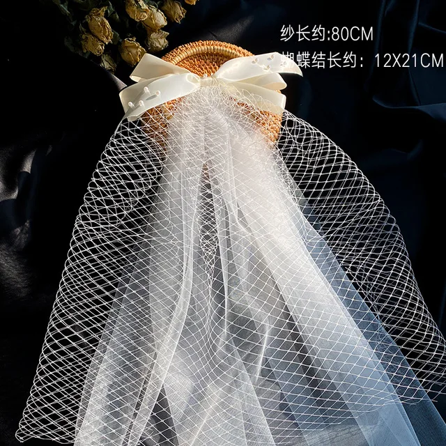 New Bow Veil Super Fairy Wedding Trip Shoot Photo White Satin Mesh Barrettes Bridal Hair Accessories 1