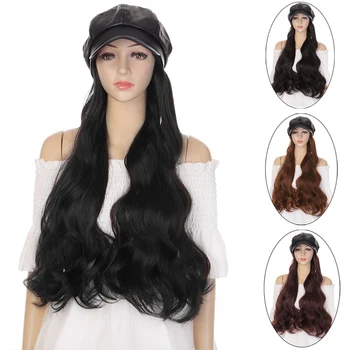 

DIFEI Long Wavy Synthetic Hair Extensions With Black PU Leather Beret Hat For Retro Woman Octagonal Hat Wig With brim