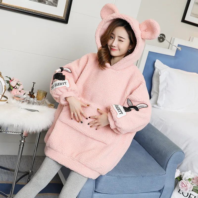 

2019 New Style Women's Fashion Mid-length Loose Winter Style Cartoon Embroidery Berber Fleece Thick Large Size Maternity Clothes
