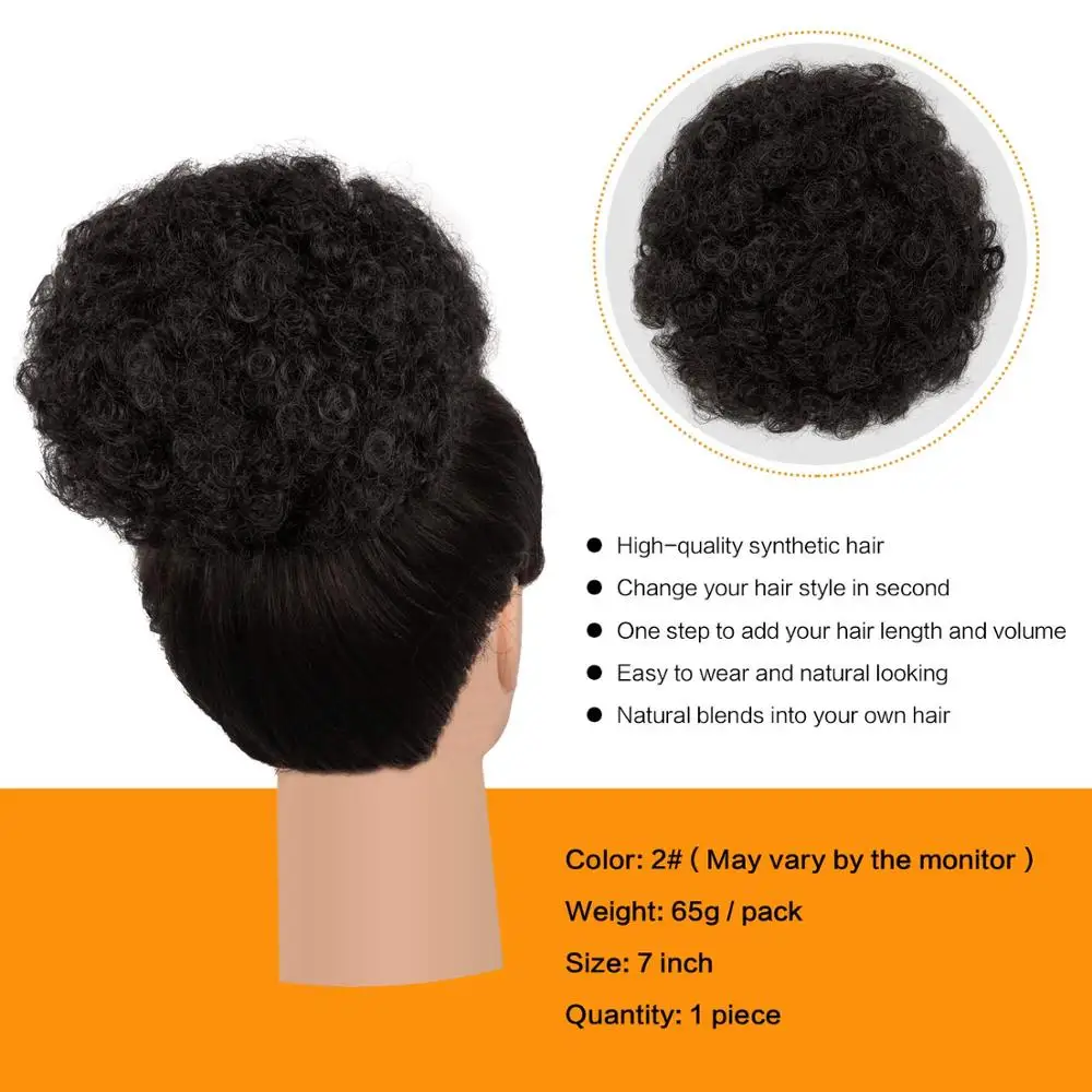 2PCS Short Afro Hair Bun Puff Synthetic Kinky Curly Chignon Hairpiece For Women Drawstring Ponytail Updo Hair Extensions