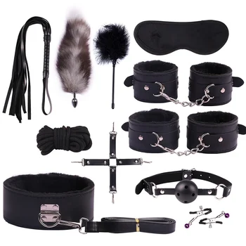 Sexy Leather BDSM Kits Plush Sex Bondage Set Handcuffs Sex Games Whip Gag Nipple Clamps Sex Toys For Couples Exotic Accessories 5