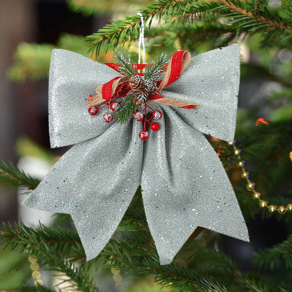 12/24PCS Silver Christmas Decorations Glittered Bows Xmas Tree Ornament Bowknot 