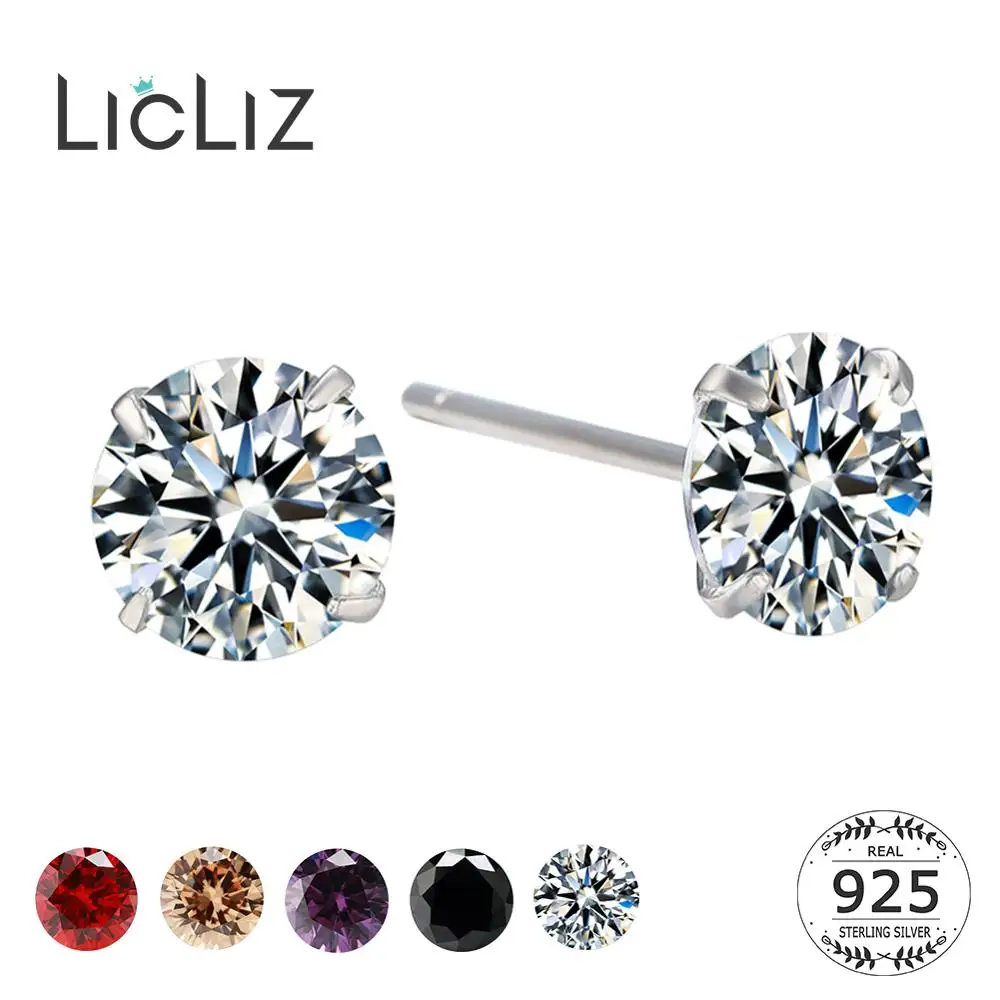 LicLiz новые 925 пробы серебряные круглые циркониевые серьги-гвоздики для женщин прозрачные красные золотые фиолетовые черные CZ Ювелирные изделия с кристаллами подарки LE0285X