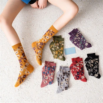 

10Pairs Vintage Flower Womens Socks Cotton Cozy Breathable Girls Casual Socks Korean Style Kawaii Women's Long Socks Winter Fall