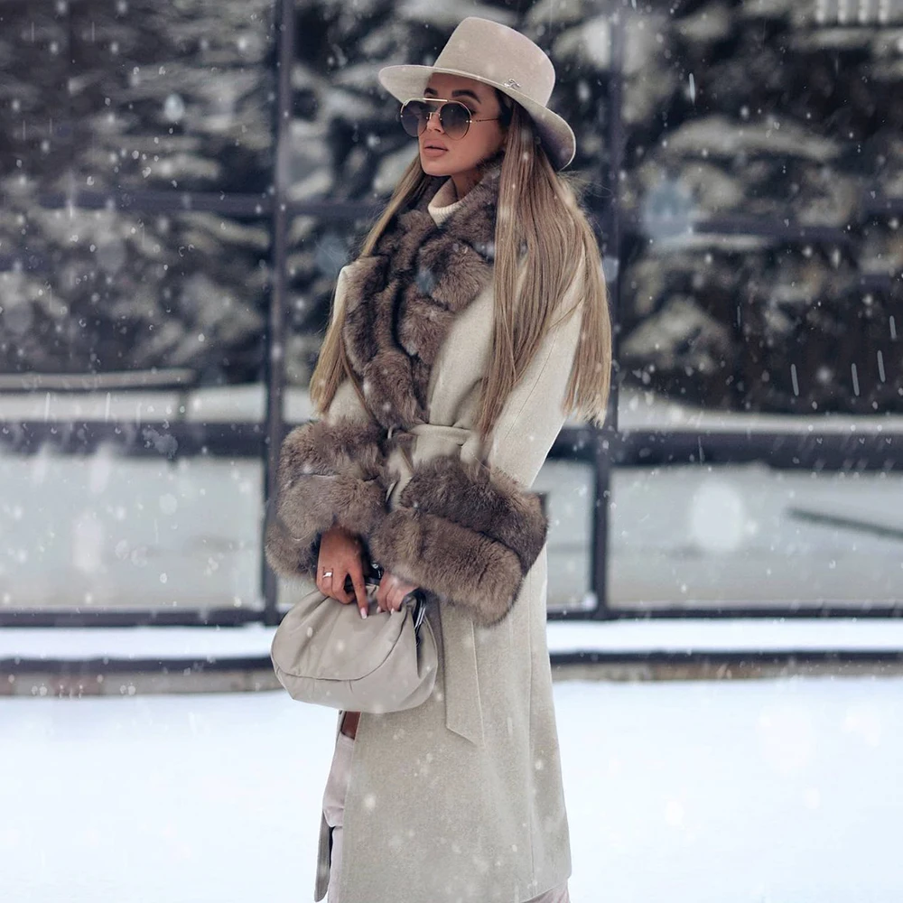 Winter Fashion Cashmere Fox Fur Coats 2022 New Women High Street Wool Blends Coat with Fox Fur Turn-down Collar Overcoat Natural