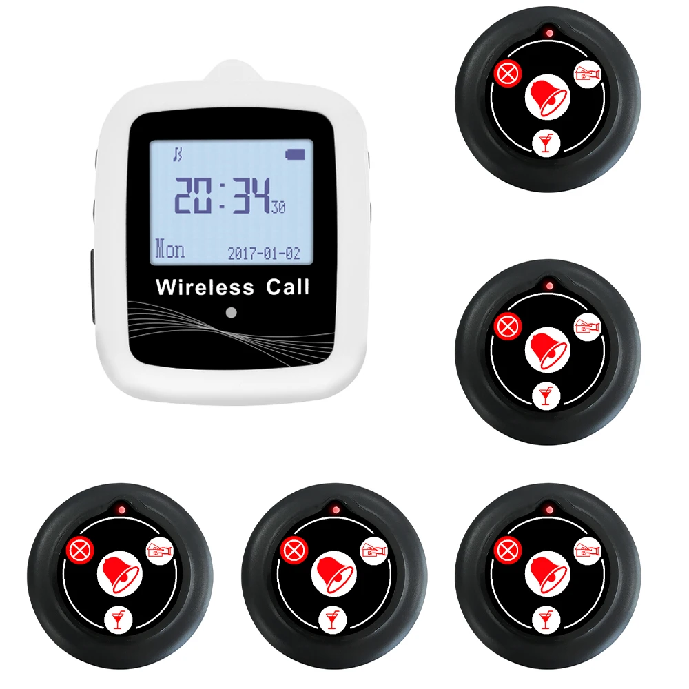 

JINGLE BELLS Wireless Restaurant Guest Calling System 5 Buttons 1 Watch Receiver Pager for Hospital, Bar, Cafe, Salon