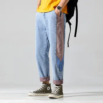 

#1405 Spring Summer Jogger Jeans Mens Side Spliced Pencil Harem Jeans Men Loose Streetwear Hip Hop Jeans Light Blue Denim Jeans