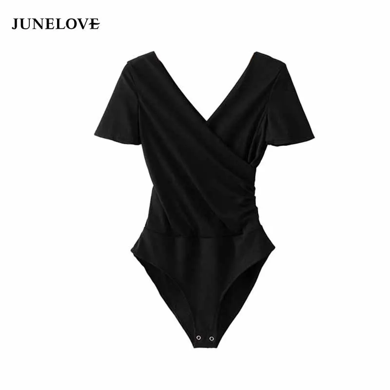 JuneLove для женщин с v-образным вырезом трикотажное боди Черный белый с коротким рукавом Эластичный Комбинезоны женские модные шикарные топы Комбинезоны