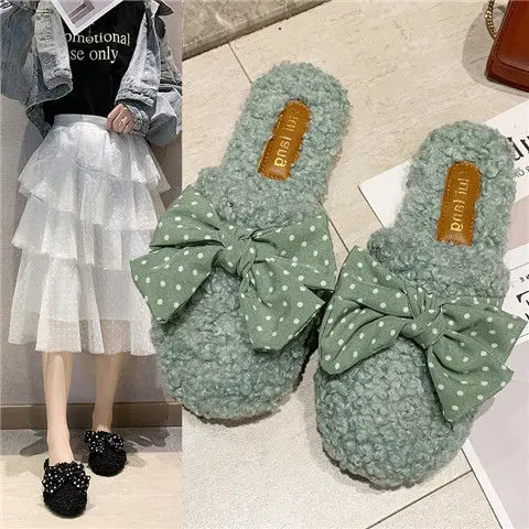

2019 Autumn And Winter New Style Furry Flat Sandals Women's Polka Dot Bow Closed-toe Slipper Lambs Wool Versatile Outer Wear