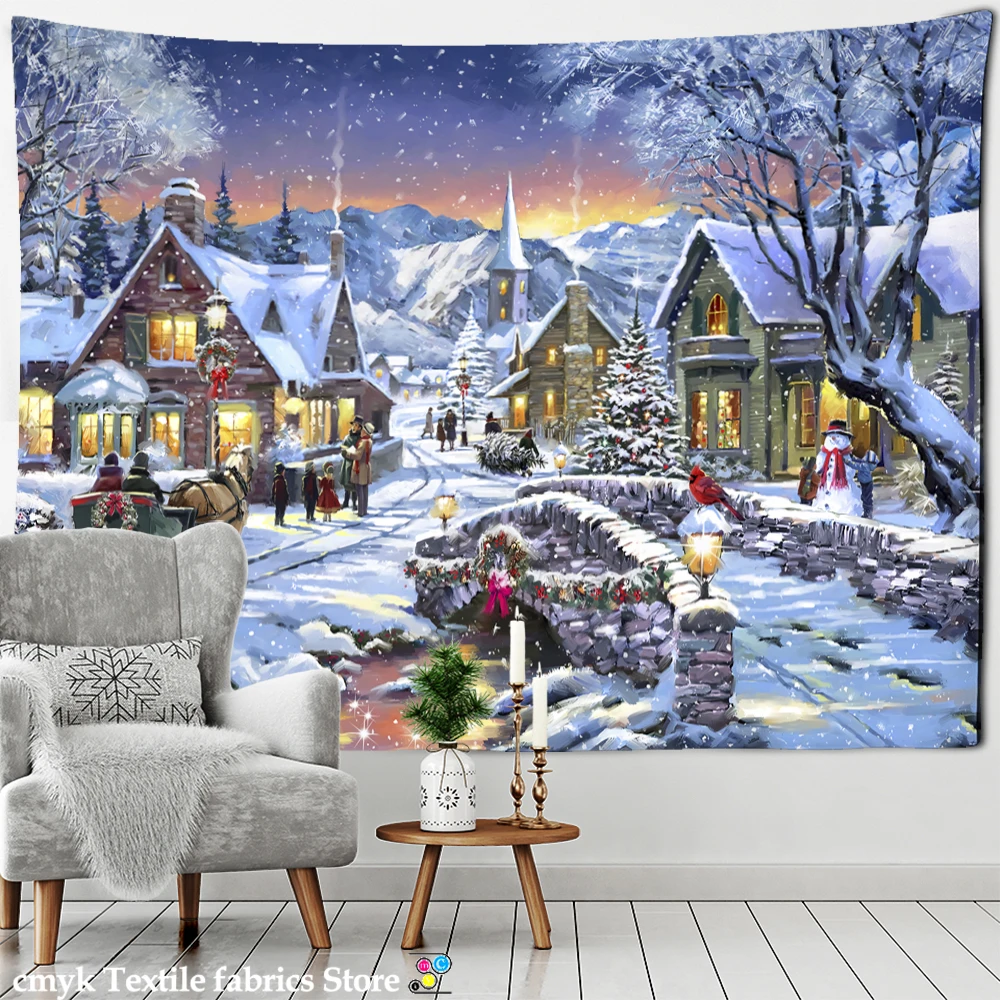 Christmas Tree Snowman Tapestry Wall Hanging Natural Snow Scene Cartoon Oil Painting Aesthetics Room Hippie Home Decor tapestry decorations,canvas wall art,oil painting wall art