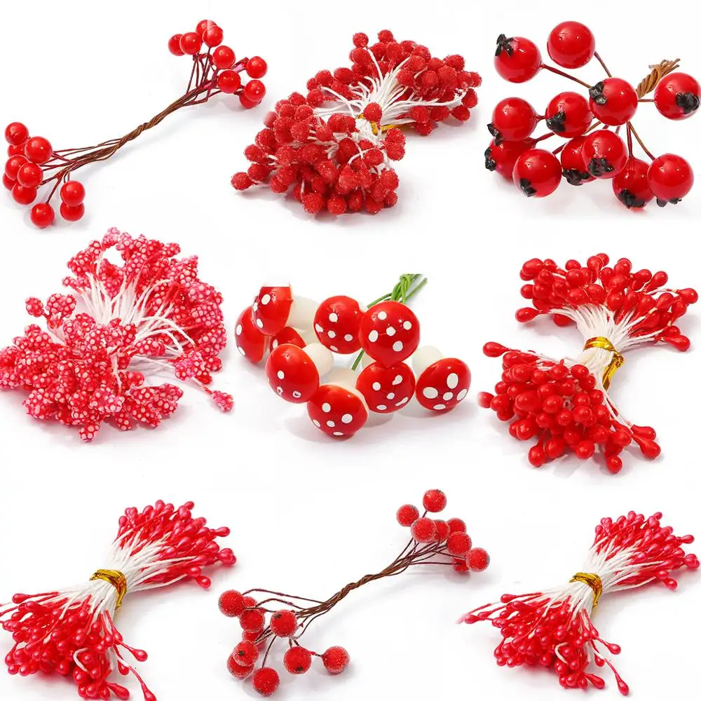 Mix Sizes Mixed Red Artificial Flower Cherry Stamen Berries Bundle DIY Wedding Cake Gift Box Decoration