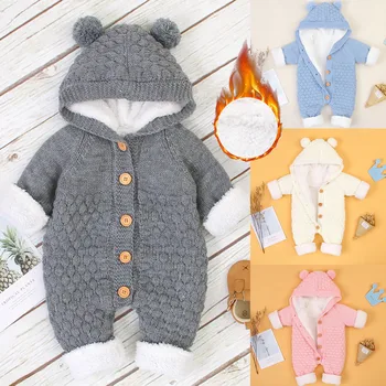 

Fashion Newborn Baby Clothes For Boys Solid Plus Velvet Winter Warm Coat Knit Outwear Hooded Jumpsuit Cotton Soft Baby Romper