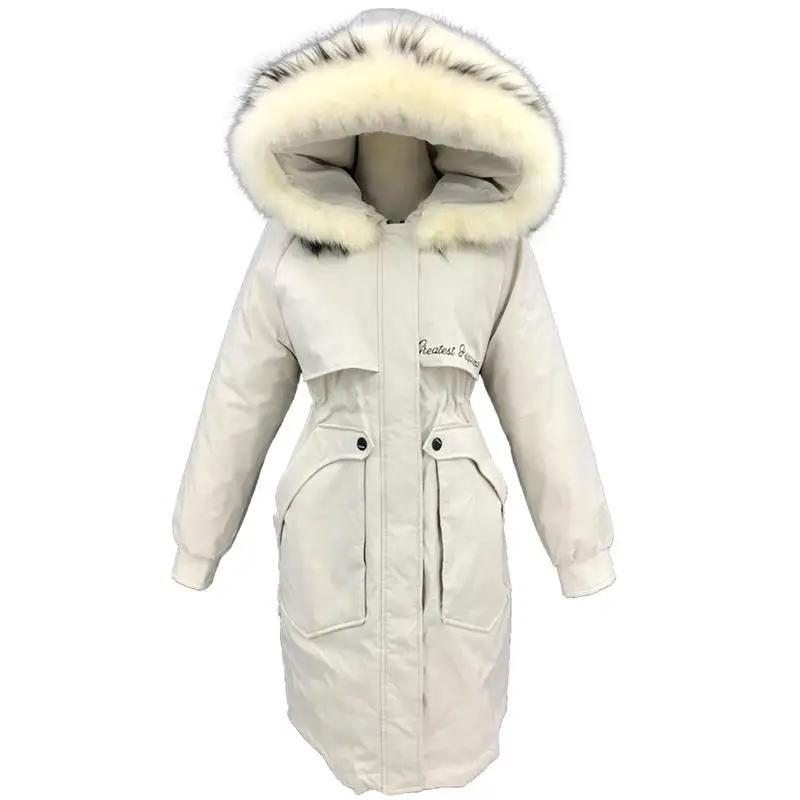 Зимняя куртка, пальто для женщин, длинная парка, натуральный мех енота, воротник, куртка, натуральный мех, с капюшоном, уплотненные женские пальто, Новинка - Цвет: Beige Faux Fur
