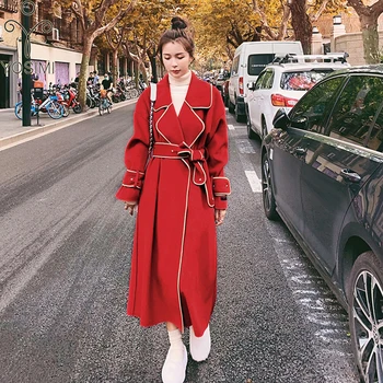 

YOSIMI Red Wool Long Women Coat 2020 Autumn Winter Maxi Loose Wide-waistrd Turn-down Collar Maxi Plus Size Women Woolen Jacket