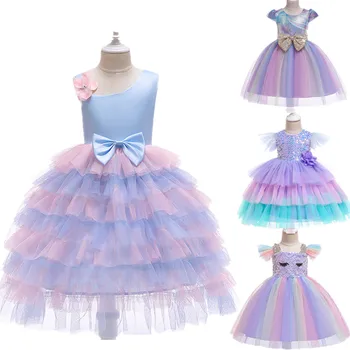 

New summer girls princess tutu dresses birthday party Unicorn Dress Sequin Top Pastel Clothing Kids Vestidos cupcake dress