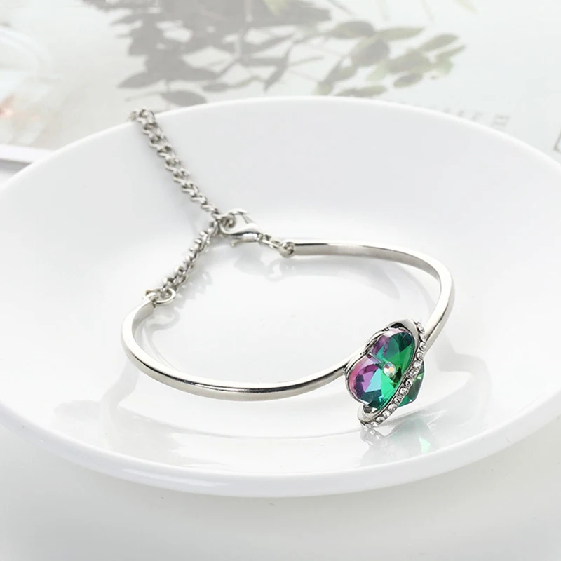 Fashion Crystal Heart Adjustable Bangle Bracelet Purple/Blue for Women Girls