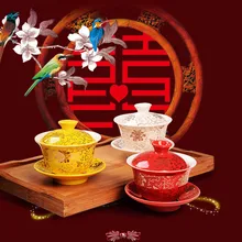 Керамическая чайная супница, китайский чайный набор, чашка и блюдце, Gaiwan, чайная чаша, красный, желтый, белый, свадебная, праздничная, Сервировочная чайная чашка