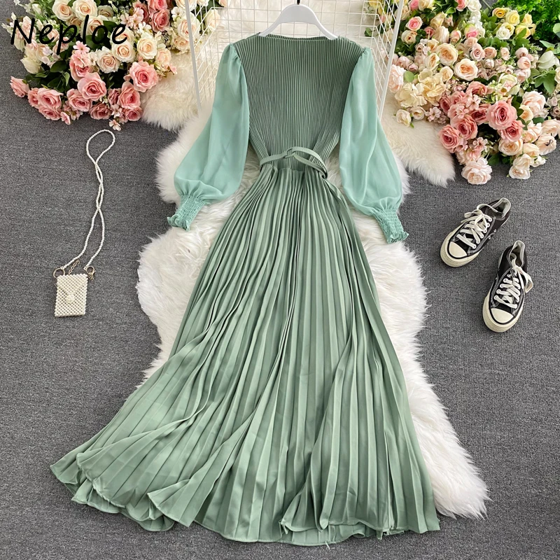 Neploe High Waist Hip A Line Long Dress Women O Neck Pullover Sleeve Vestidos Spring 2021 New Slim Robe Draped Solid | Женская одежда