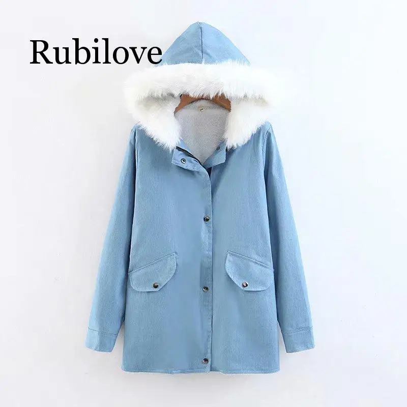 

Rubilove Fashion Autumn Winter Women Denim Faux Fur Collar Hooded Fleece Jacket Female Zipper Pockets Coat Casual Femme