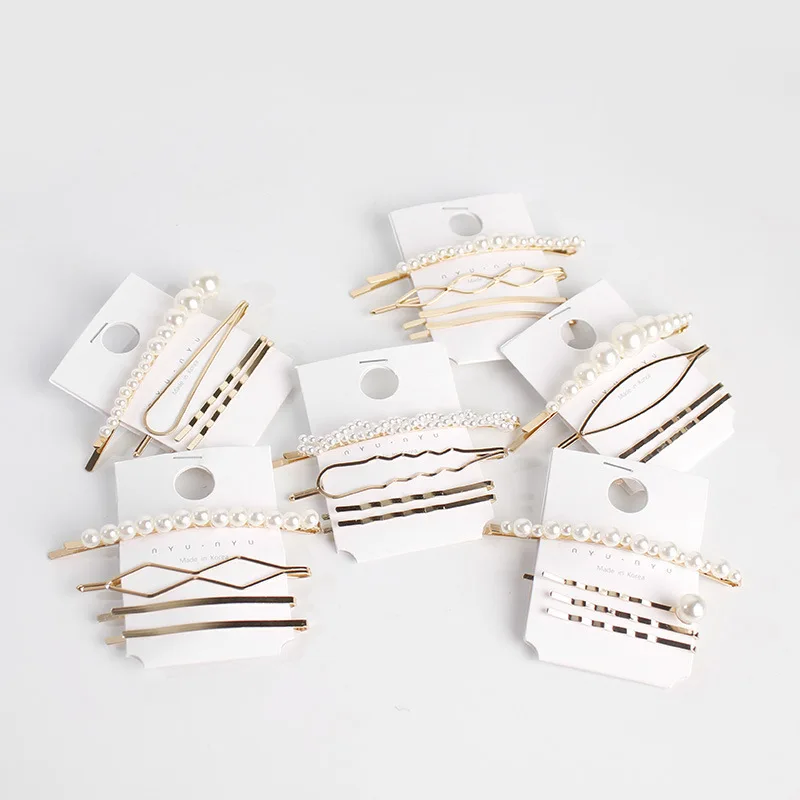 

Network Red Pearl Barrettes Alloy Long Clip Bang Clip Simple Sweet Japanese-style Packaged Combination South Korea Metal Side Cl