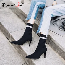 Donna-in/пикантные ботинки на очень тонком высоком каблуке; женская обувь с острым носком из эластичной ткани; натуральная кожа; сезон осень