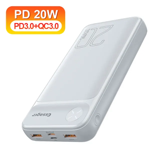 Essager 20000mAh Power Bank PD 20W 20000 mAh Powerbank External Battery Pack Fast Charging Portable Charger For iPhone Poverbank PD QC 3.0 White
