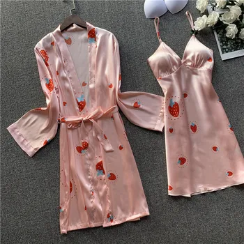 

Lady Satin 2PCS Nighty&Robe Suit Print Sleepwear Nightwear Silky Kimono Bathrobe Gown Lingerie Casual Nightgown Nightdress