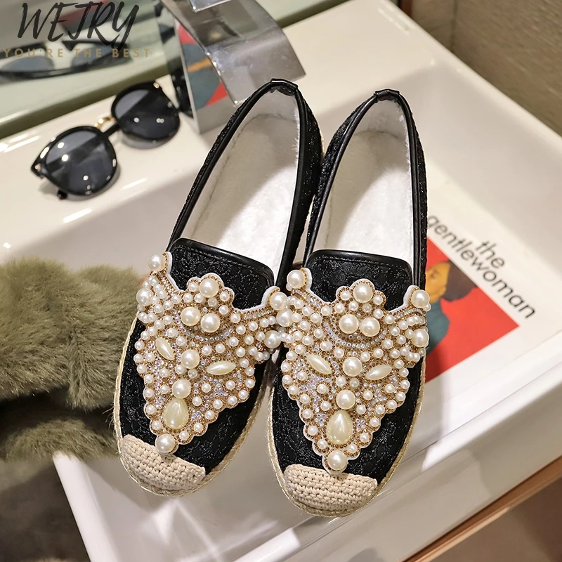 

2019 Autumn Slides Women Shoes Pearl Loafers Flat Heel Shoes Lazy Cane Women String Bead Moccasin Mules Shoes For Women