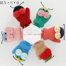 Милый мультфильм ребенок вязание полный палец перчатки зима плюс бархат держать теплый открытый луч порт ремешок Божья коровка форма варежки