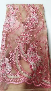 

New Design African Lace Fabric High Quality pink beads French Fabric Beaded Nigerian Swiss Lace Fabrics For Dress FJU212
